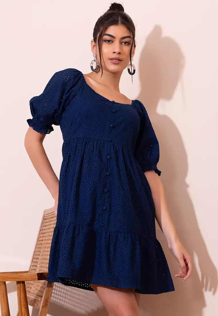 Navy Blue Schiffli Tiered Dress