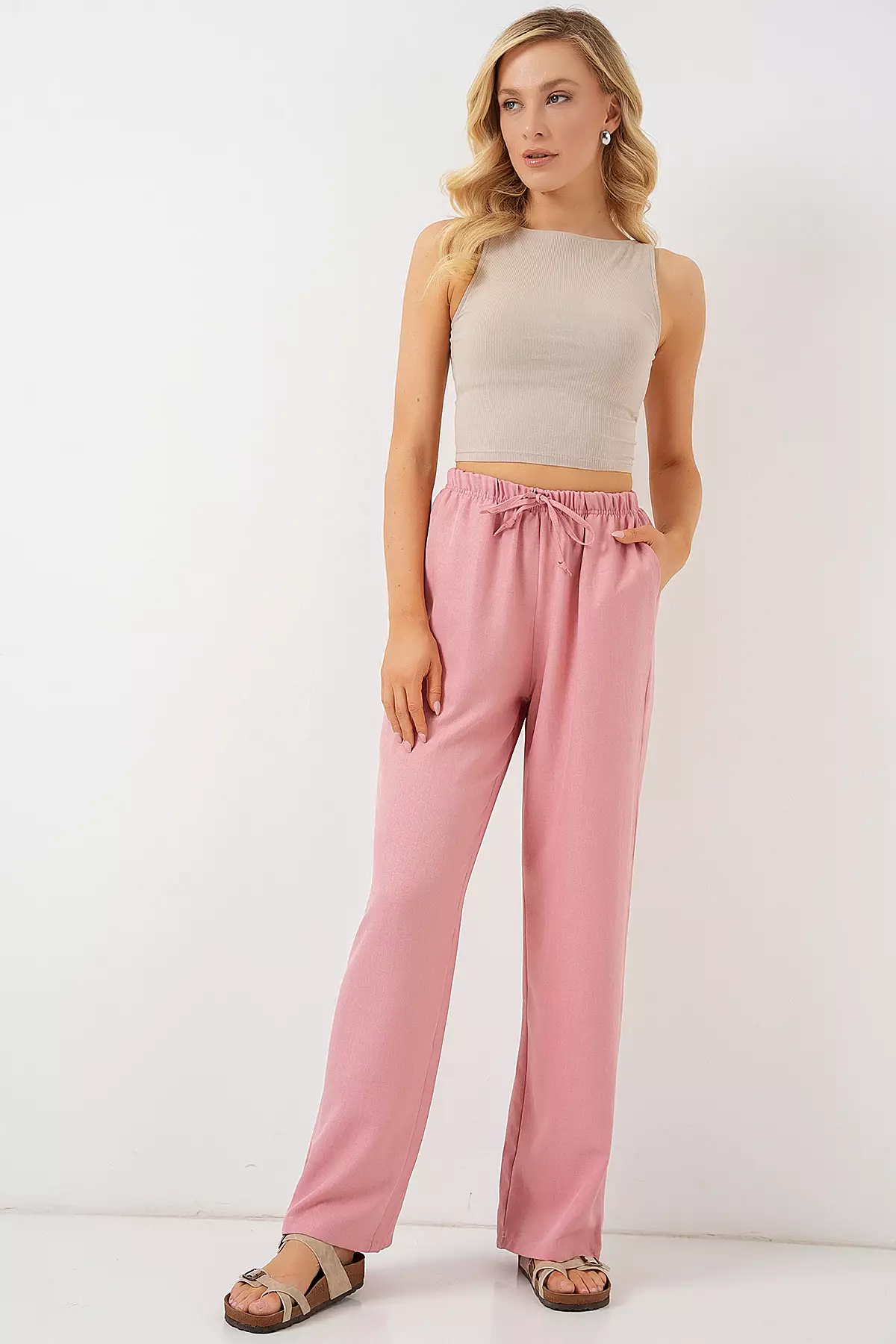 Women's Wide Leg Linen Trousers 6735 - Powder