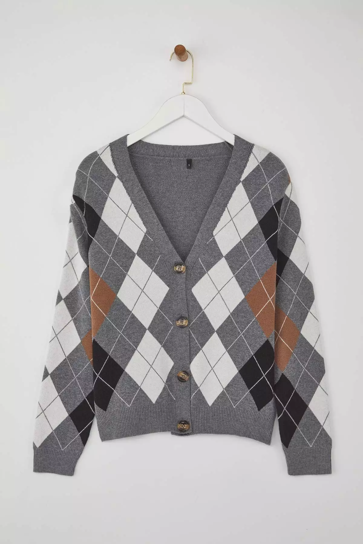 Anthracite Premium Yarn/Special Yarn Diamond Patterned Knitwear Cardigan Twoaw26Hi00158