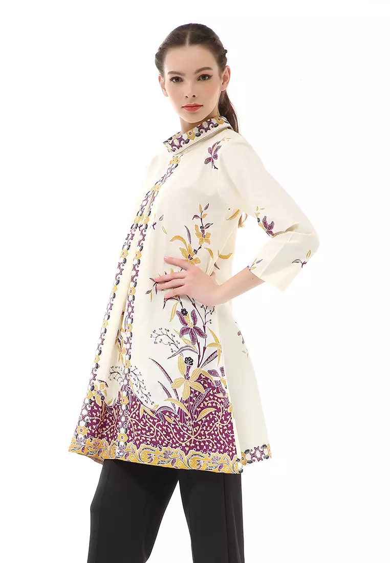 Olaf Atasan Batik Wanita Tunik Traditional Motive Elegant Design Material Cotton ORIGINAL - White Brown