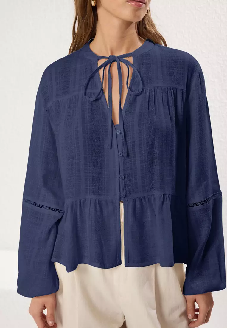 Navy Blue Cotton Textured Fabric Laced Sleeve Regular Regular Fit Woven Shirt