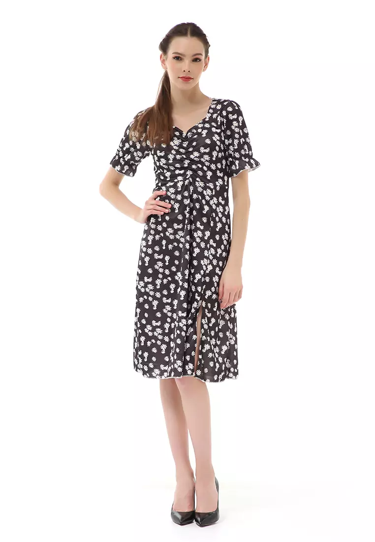 Rachel Dress Wanita Desain Belah Pinggir Short Sleeve Motif Bunga Material Cotton ORIGINAL - Black