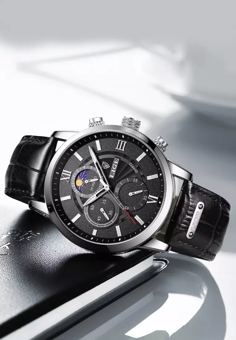 Chronograph, Unisex, Stainless Steel Quartz Watch 43mm, Black dial, on Black Leather Strap