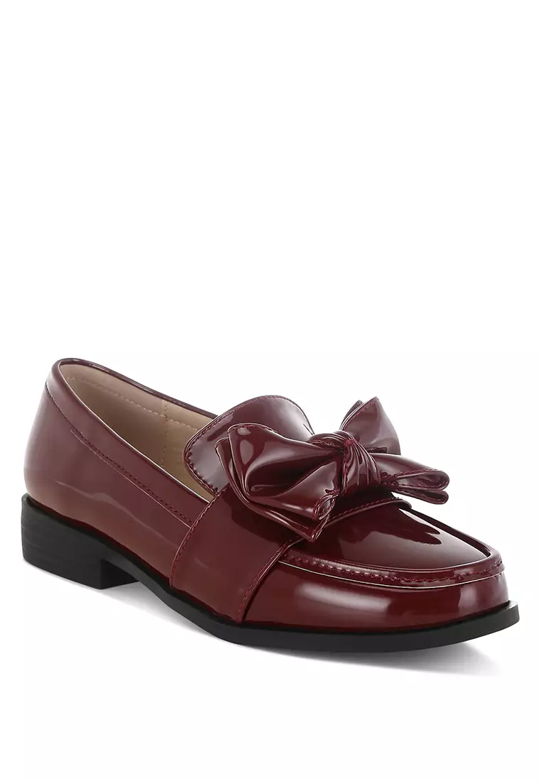 Sepatu Loafer Chunky Bow Klasik Warna Burgundy