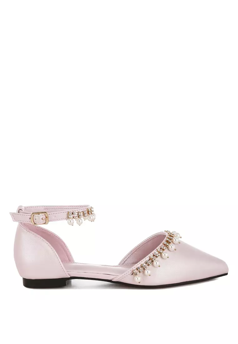 Sandal Datar Tali Pergelangan Kaki Mutiara & Berlian Imitasi Merah Muda