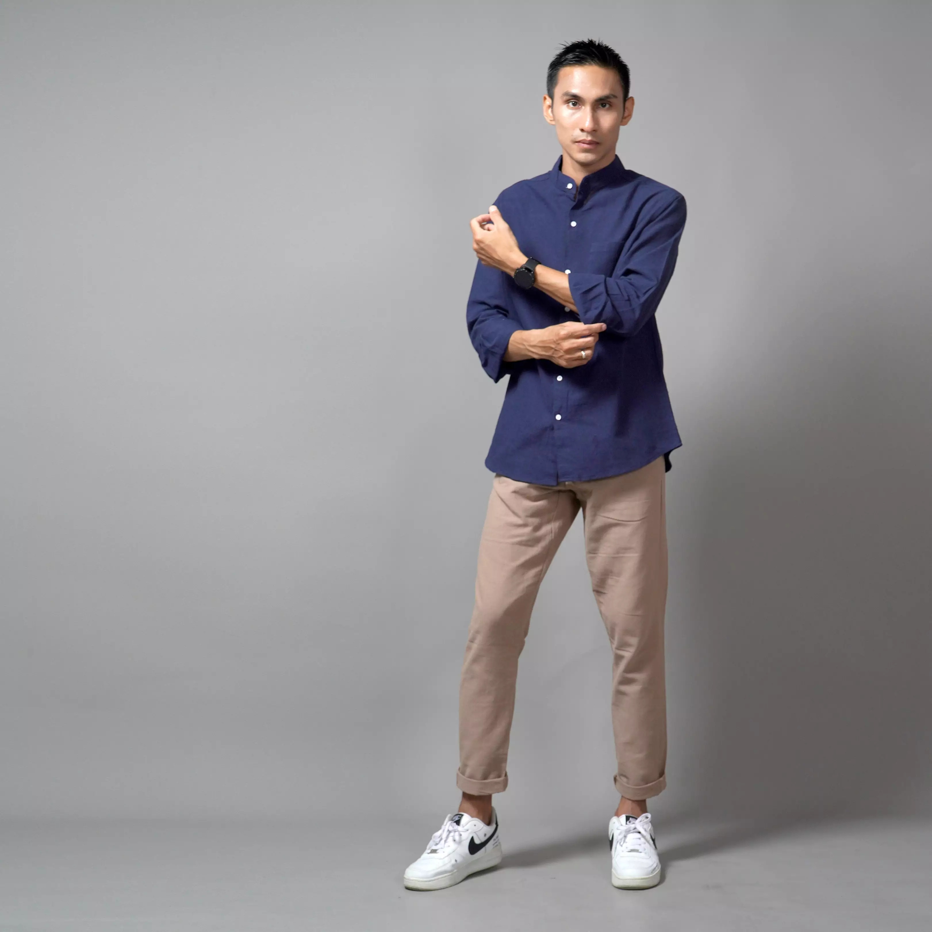  ASHRAF Kemeja Pria Casual Linen Baju Koko Kemeja Lengan Panjang - Navy