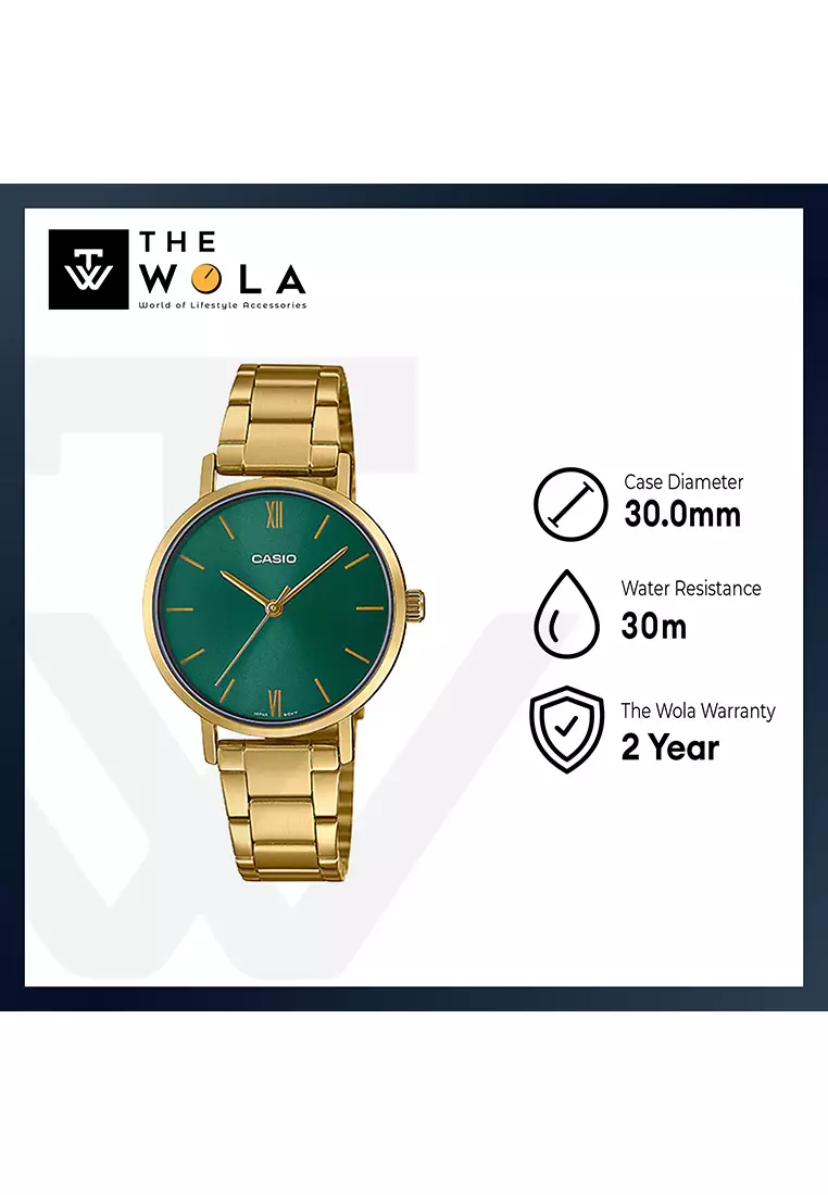 Women's Analog Watch LTP-VT02G-3A Green Dial with Gold Stainless Steel Band Watch Women