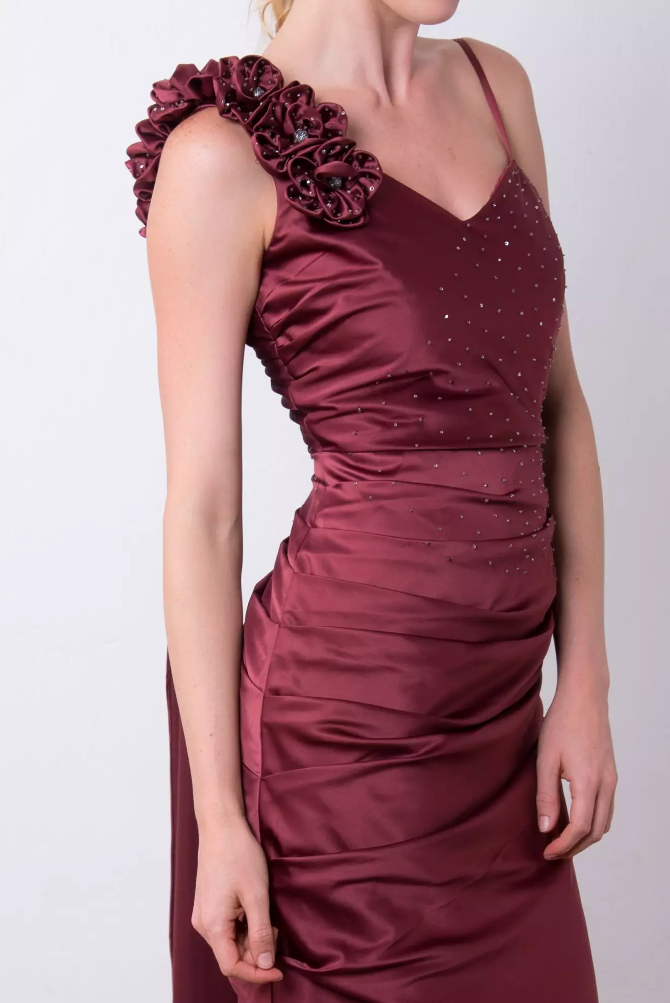 華麗單肩飄巾密褶飾連衣短晚禮服