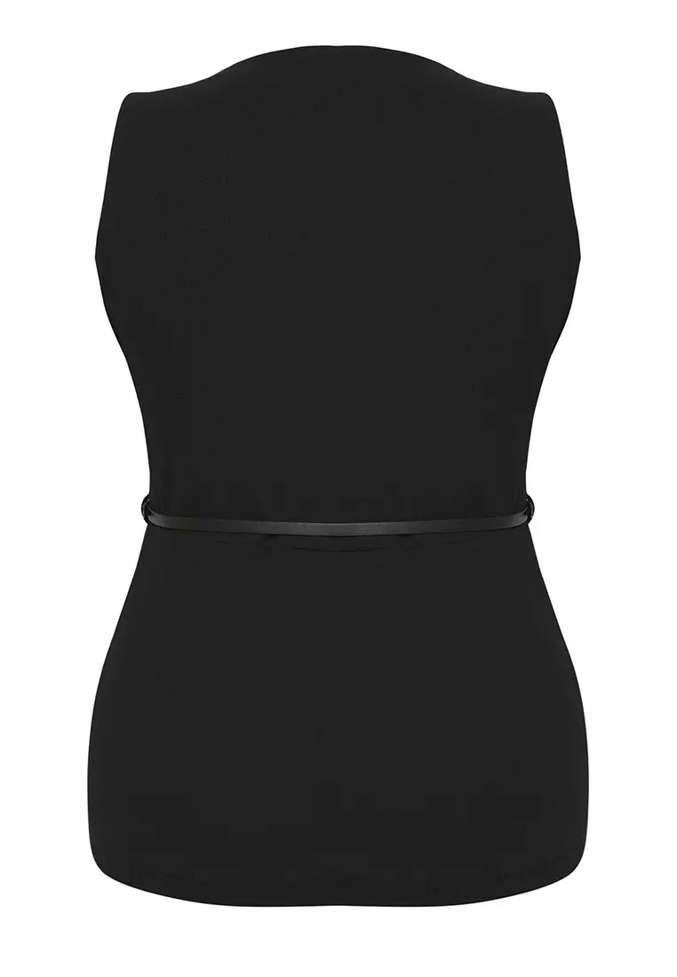 Black Waist Belted Sleeveless Plus Size Blouse TBBSS25AF00109