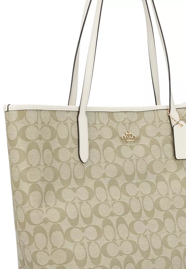 Coach White/Beige Coated Canvas and Leather Large City Tote Coach