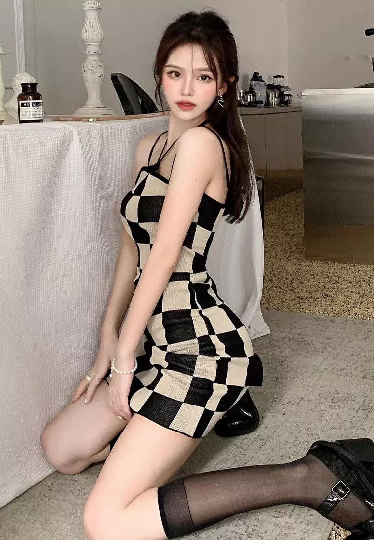 Summer halterneck suspender dress and elegant knitted dress CA24050614BK