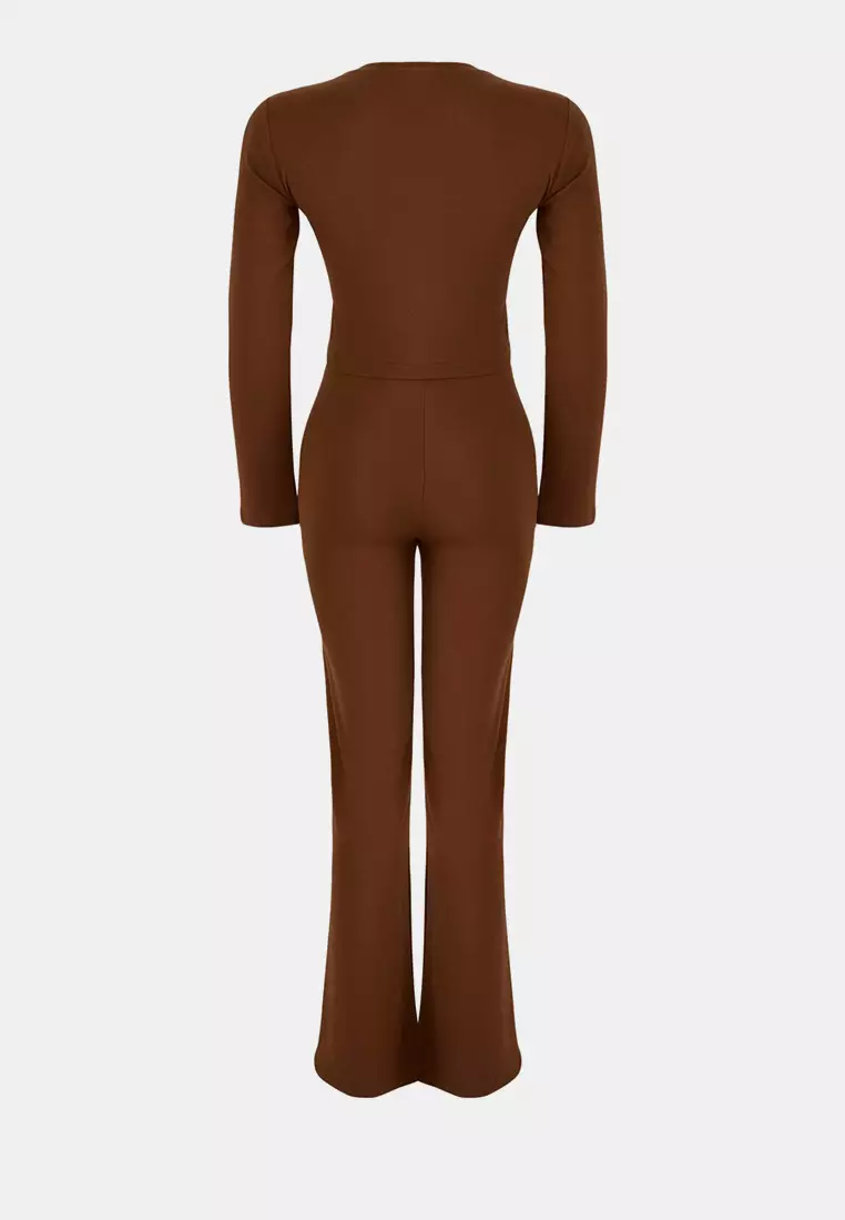 Brown Slim/Fitted Stretch Knitted Bottom Top Suit