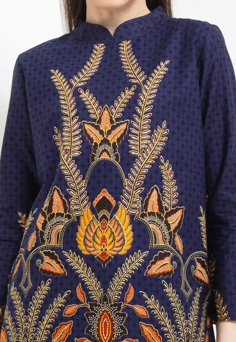 Tunik Muslim Atasan Wanita Batik Katun Premium Visilia Raya Lengan Panjang Blue