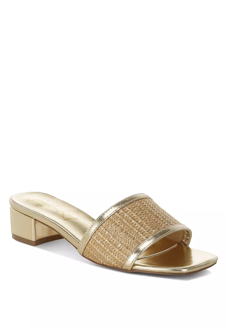 Raffia Slip On Sandals In Gold