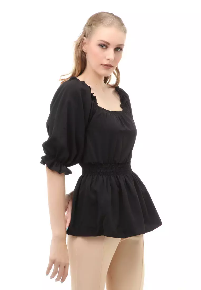 Cheva Blouse Atasan Wanita Sabrina Karet Pinggang Lengan Panjang Casual Shirt Long Sleeve Material Wolfis ORIGINAL - Black