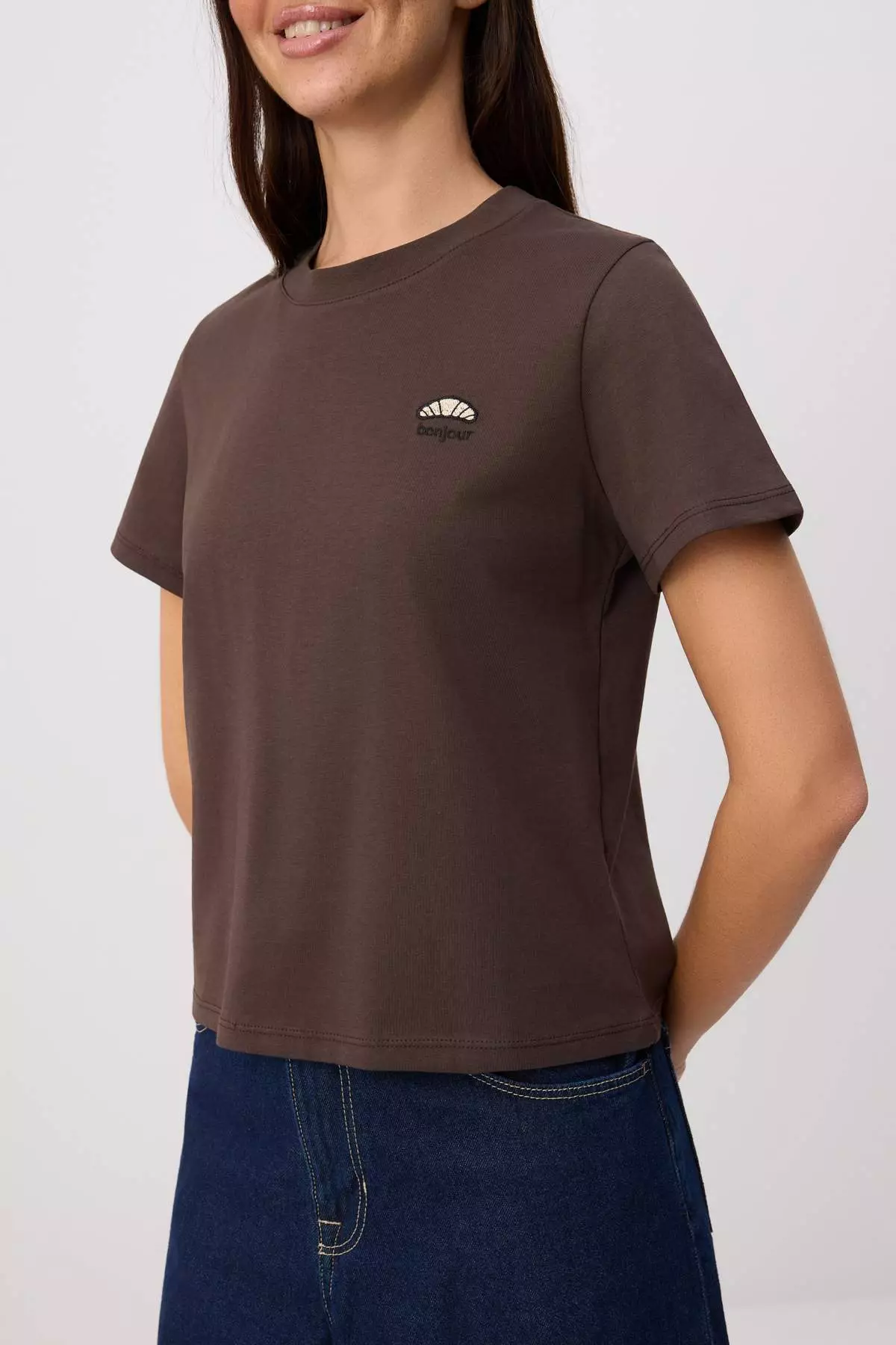 Brown Embroidered Regular Fit Short Sleeve 100% Cotton Knitted T-Shirt Twoss26Ts00124