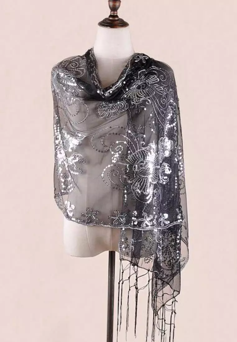 Aksesoris Wanita Sahana Flower Gold Sequinn Lace  Fringed Evening Shawl Syal Pesta Wanita Black & Silver