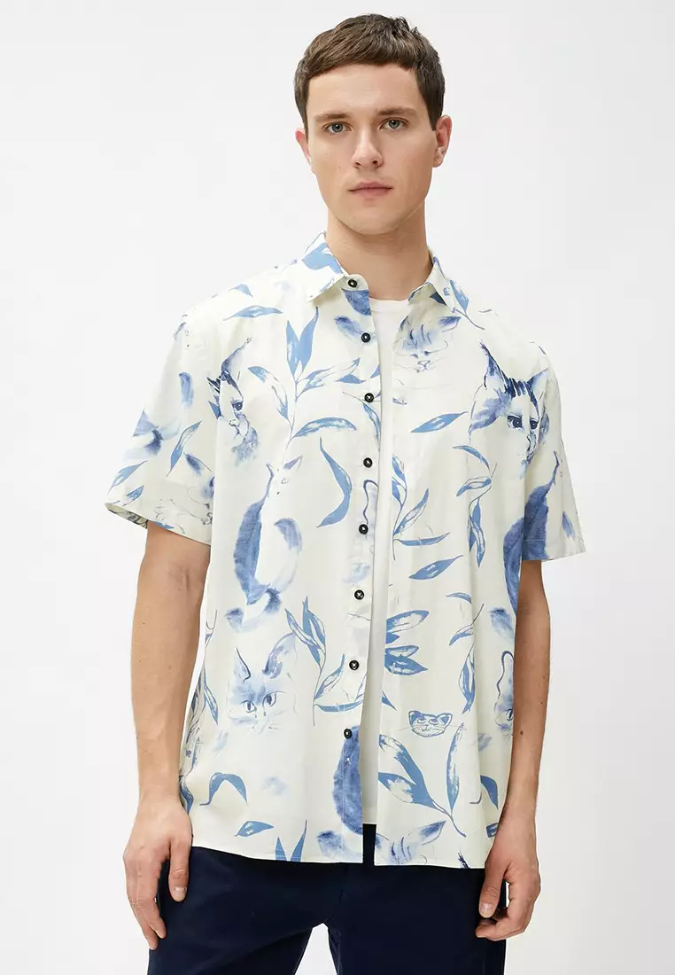 Discount on KOTON  shoes - SKU: Summer Shirt Short Sleeve Cat Printed Classic Collar Buttoned