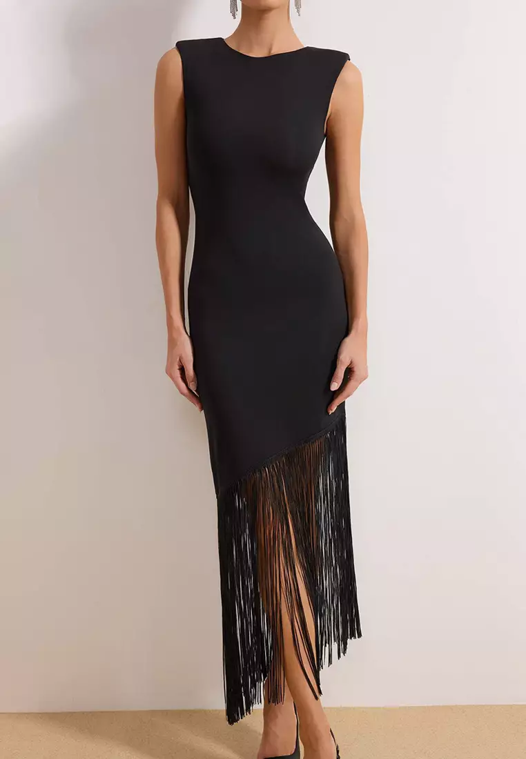 Black Tassel Detailed Knitted Stylish/Evening Dress Tprss26El8