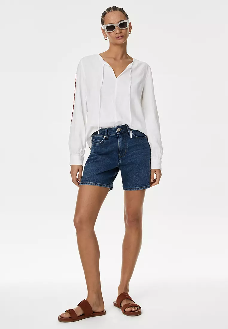 Linen Blend Embroidered Tie Neck Blouse