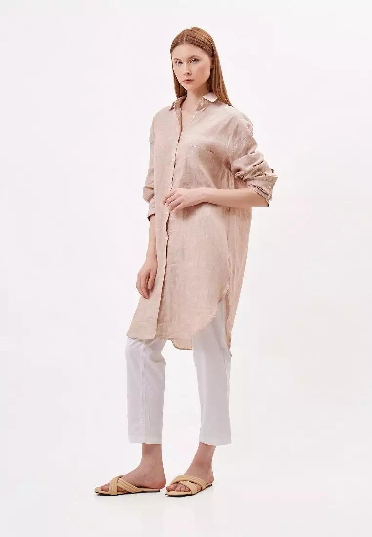 Sharm Kemeja Linen Oversize Lengan Panjang Wanita Cream | Oversize Linen  Long Sleeve Shirt Women Cream
