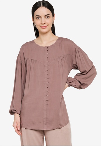 Earth by Zalia Basics brown Front Buttoned Top made from TENCEL™ C54C7AAE79C772GS_1
