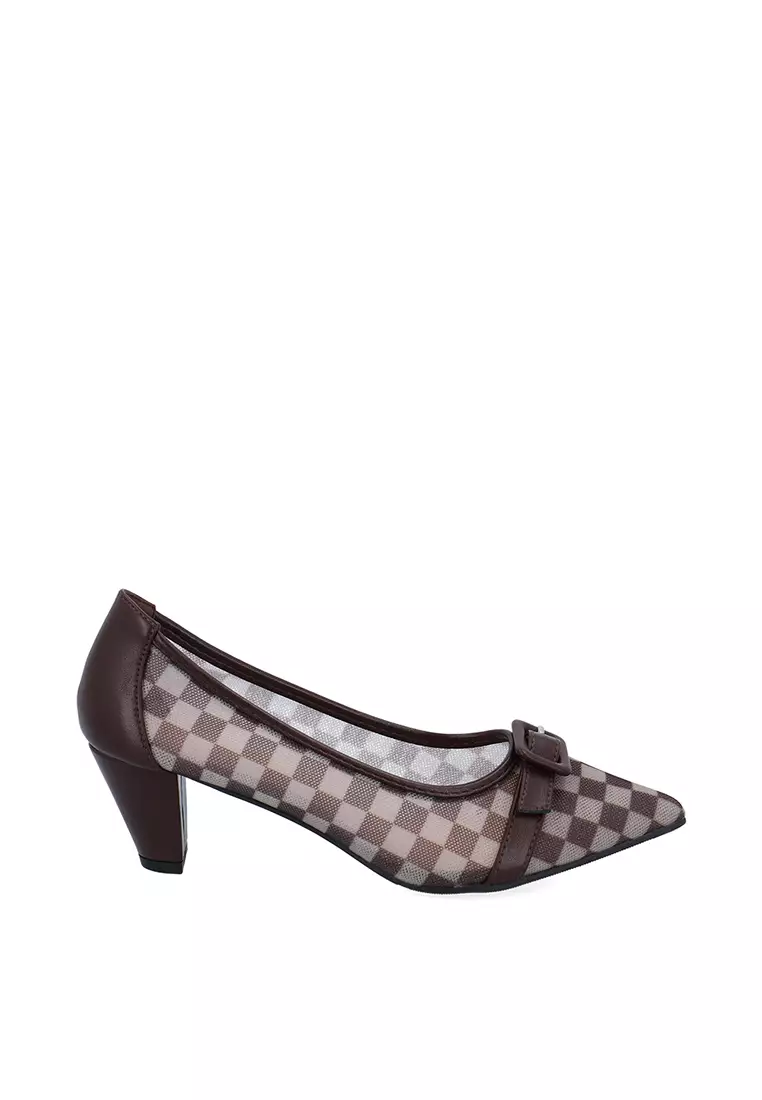 Discount on Carlo Rino  shoes - SKU: Dark Brown Cherie Strapped Checkered Pumps
