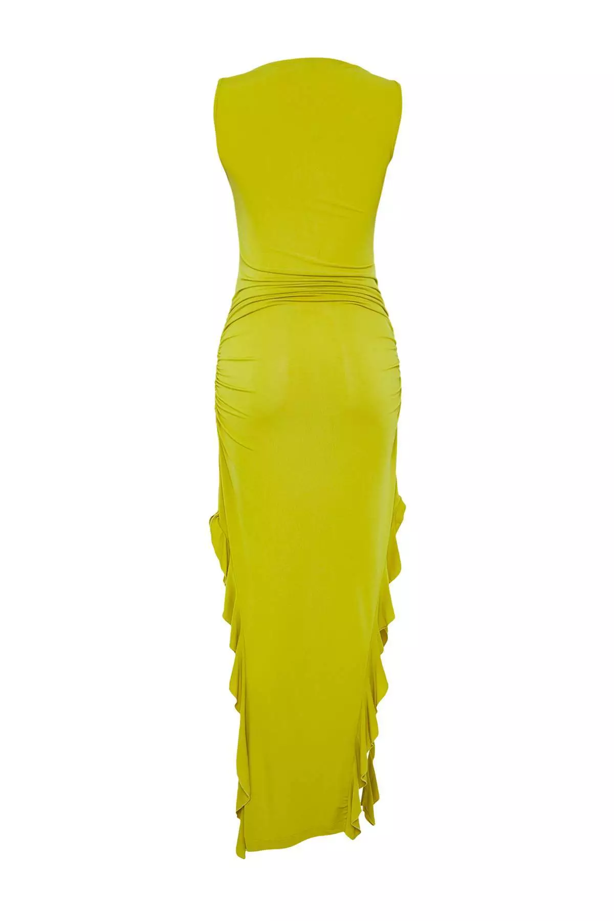 Oil Green Bodycone Zero Sleeve Slit Ruffle Detail Stretchy Maxi Pencil Dress
