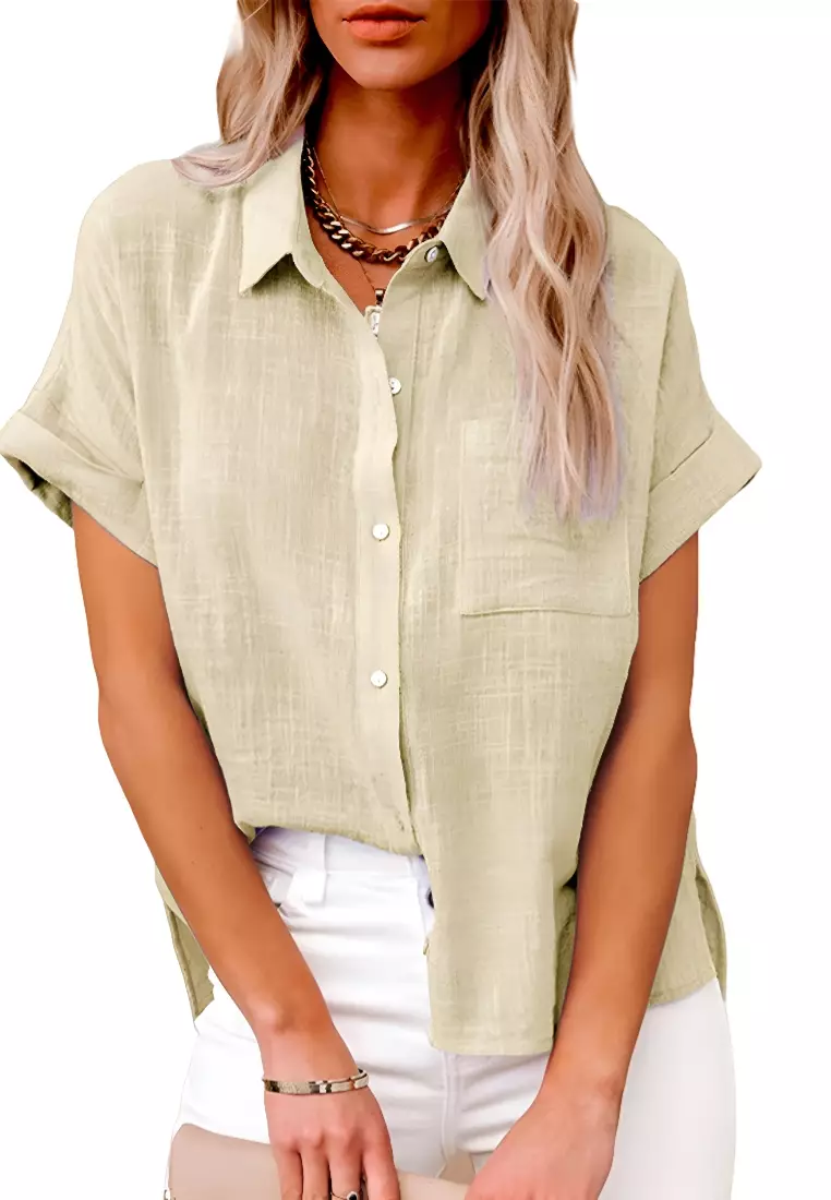 New Top Cotton And Linen Pocket Short-Sleeved Shirt