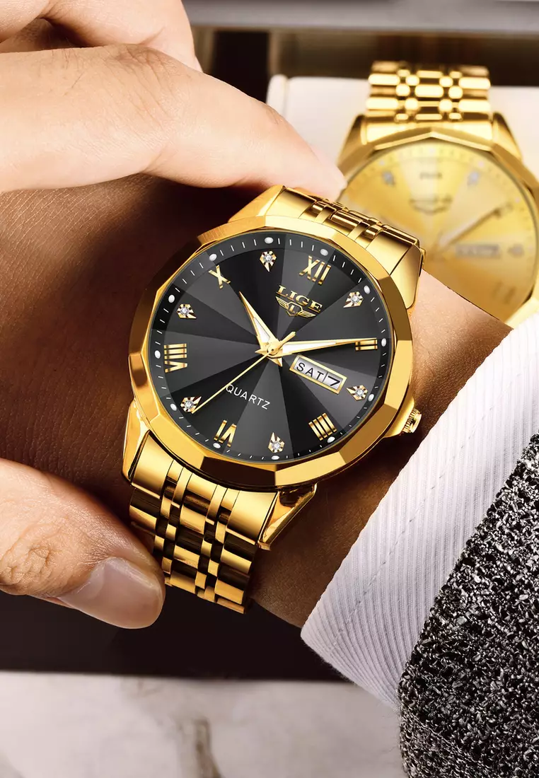 Unisex IP Gold Stainless Steel Quartz Watch, Black Dial, Day/Date, Stainless Steel Bracelet