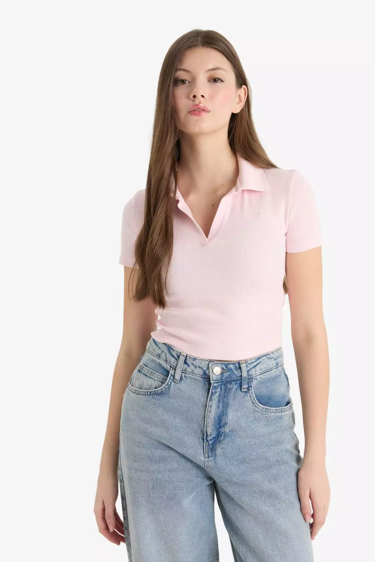 Fitted Polo Neck Basic Plain Ribbed Camisole Short Sleeve T-Shirt A0379Ax25Sm