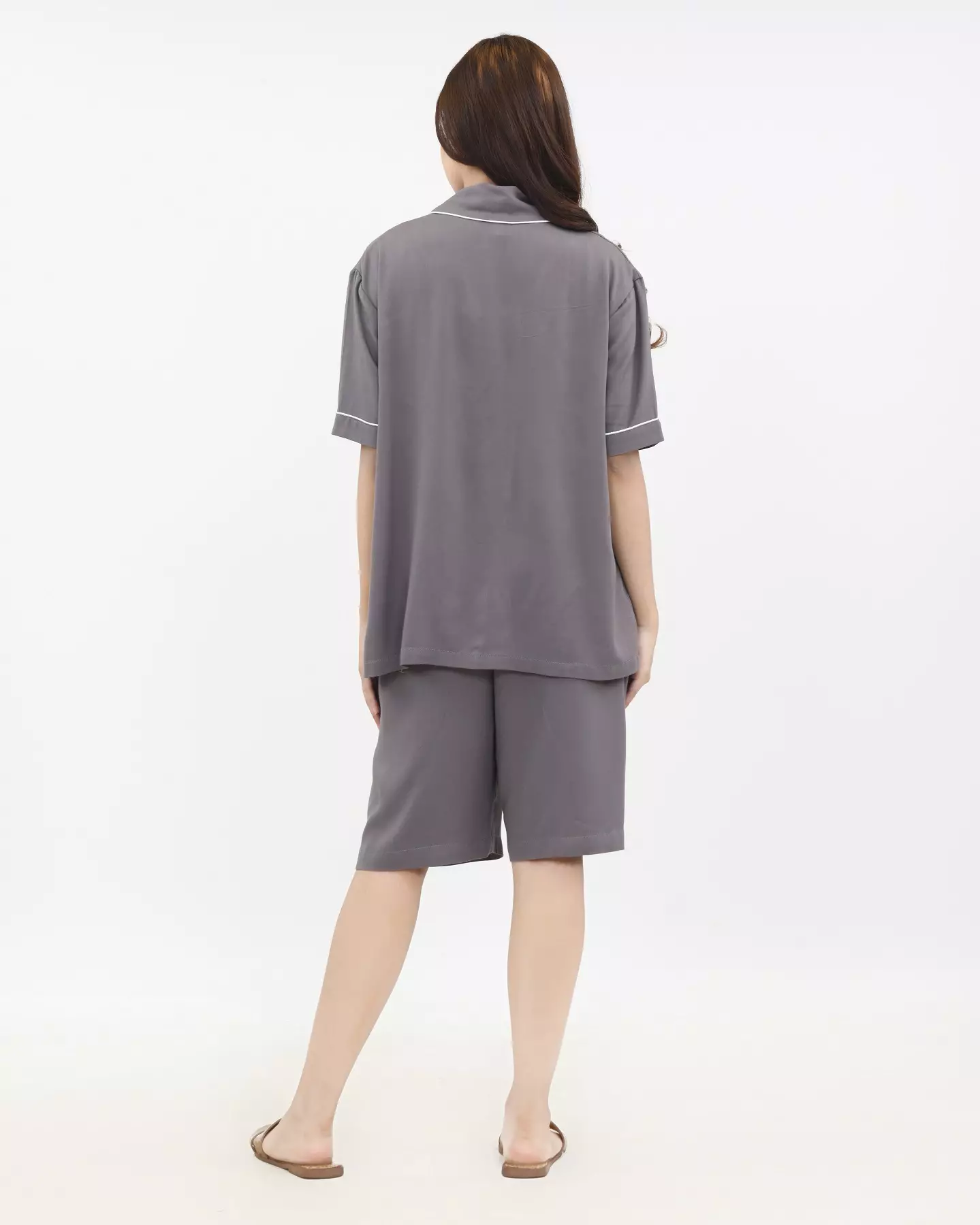 Setelan Piyama Katun Wanita Keisha [ABU ABU] SIZE L-XXL Baju Tidur Short Sleeve Short Pants Plain Sleepwear