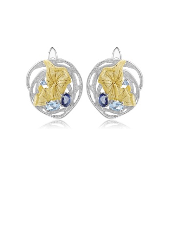 Glamorousky silver 925 Sterling Silver Fashion Elegant Gold Flower Geometric Blue Topaz Stud Earrings 850EEAC553E027GS_1