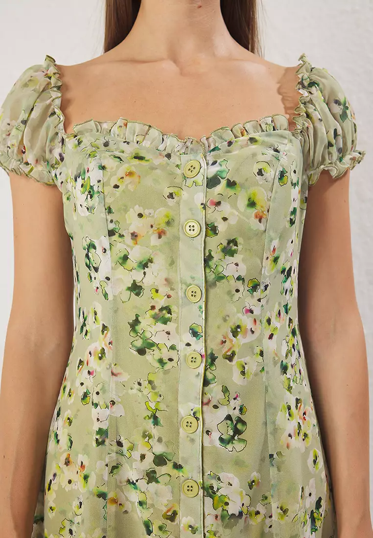 Light Green Floral Midi Lined Chiffon Woven Shirt Dress TWOSS25EL00563