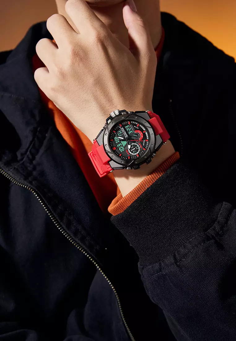 Jam Tangan Pria D009 Digital Analog Tali Rubber Chronograph Olahraga Jam Tangan Cowok redblack