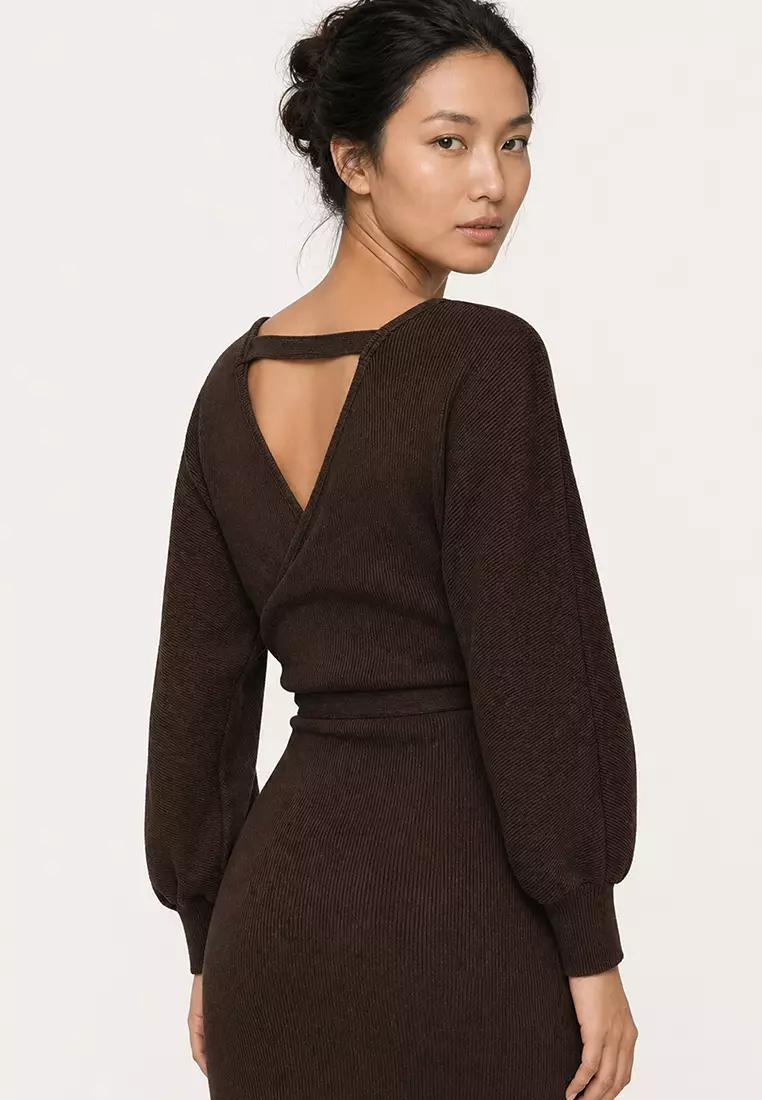Women's Dark Brown Double-Breasted Batwing Sleeve Waist Belted Camisole Dress Alc-X7623