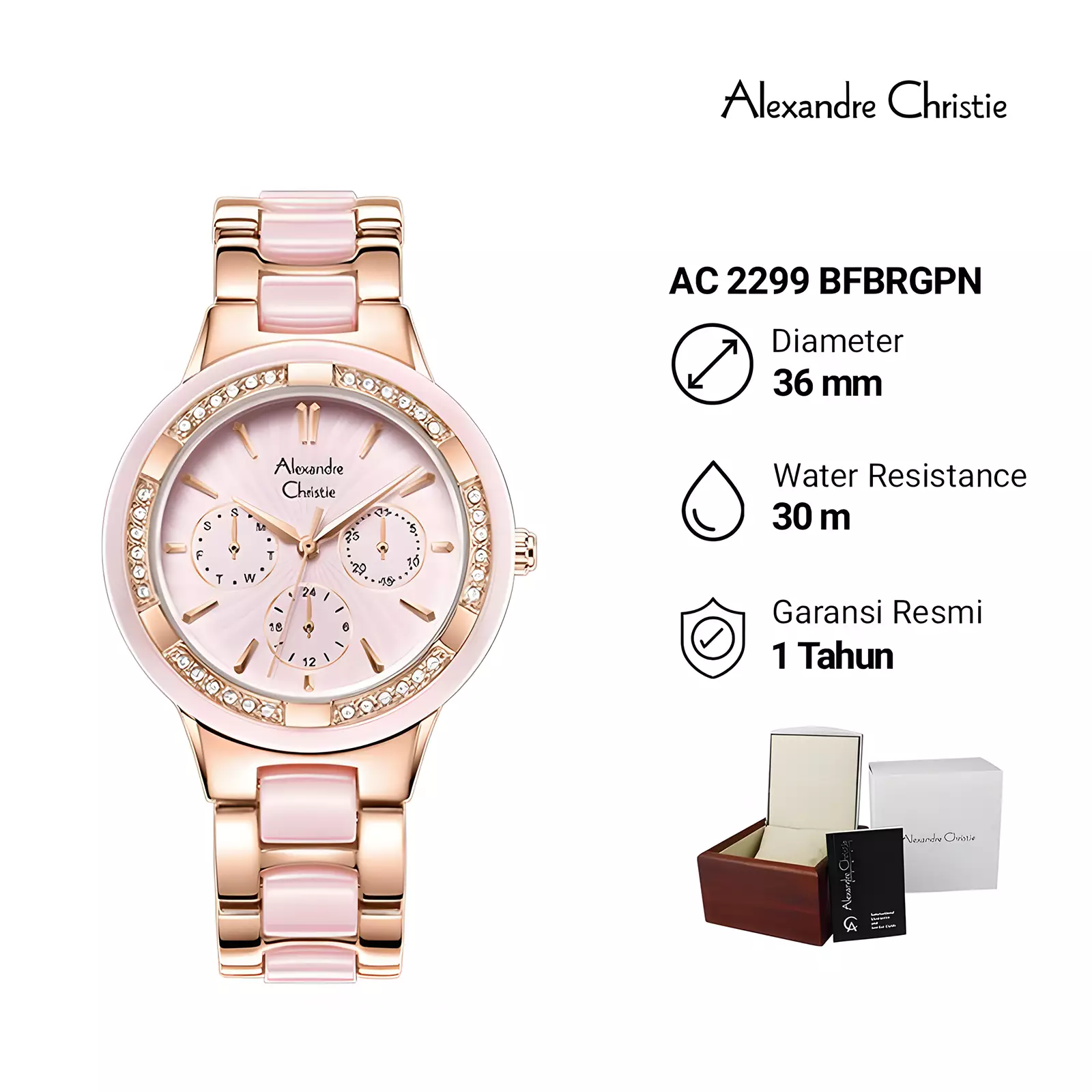 Alexandre Christie Ceramic - Jam Tangan Chronogarph Wanita - Rose Gold Pink - Stainless Steel - 2299 BFBRGPN