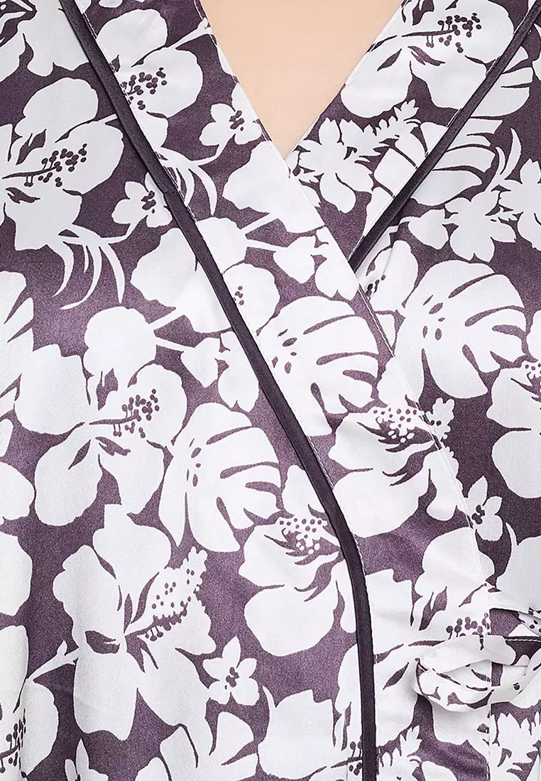 Clovia Chic Basic Short Night Dress & Floral Print Robe in Dark Purple - Satin