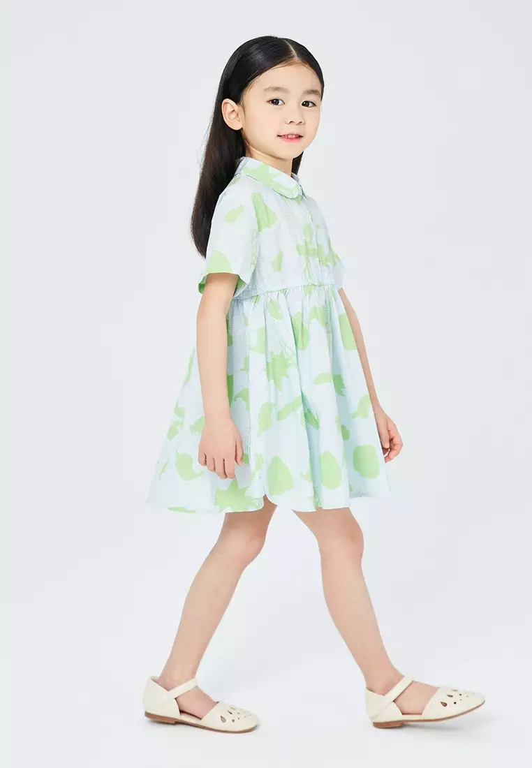 女大童儿童翻领修身连衣裙趣味印花