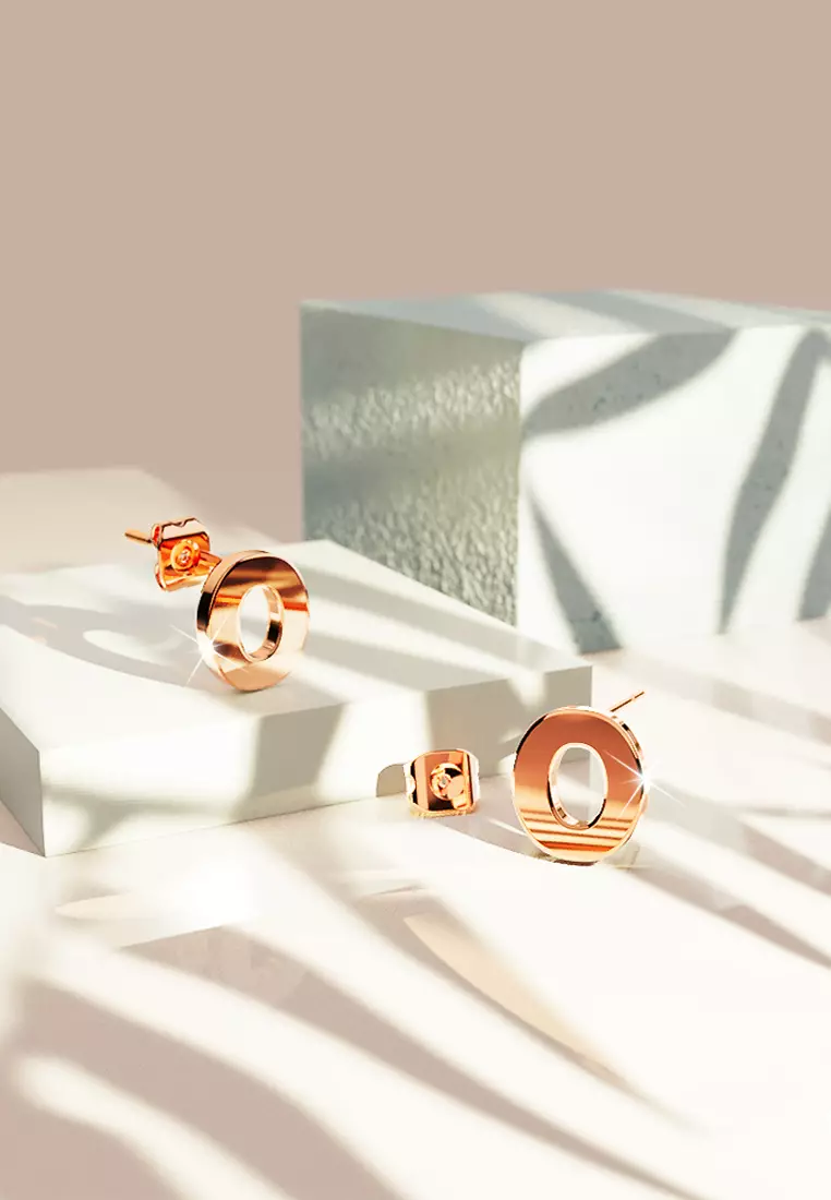 Bold Alphabet Letter Initial Charm Earrings in Rose Gold Tone - O