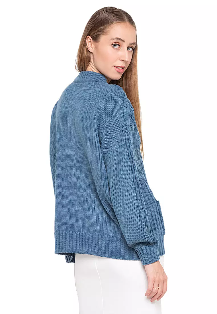 Winifred Kardigan Cable Atasan Wanita Long Sleeves Oversize Relaxed Fit - Denim