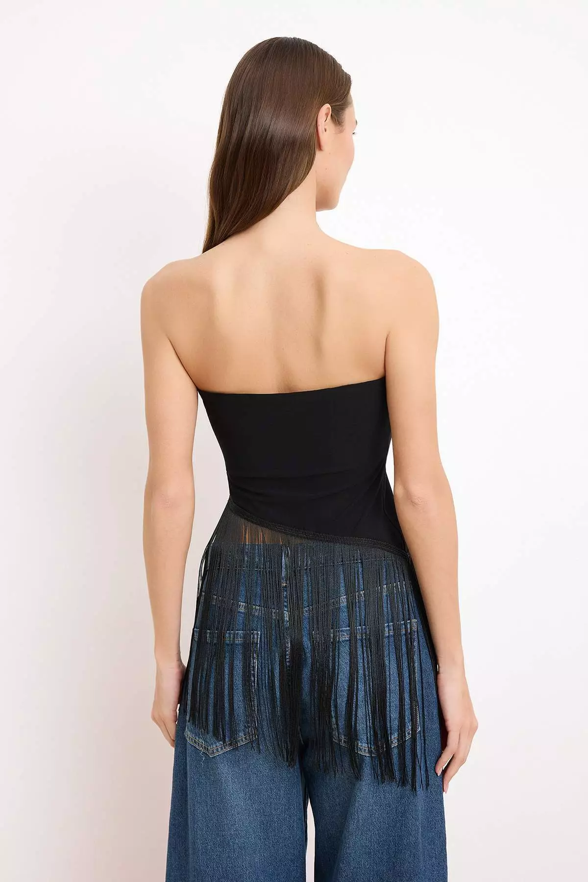 Black Tassel Detailed Bodycon Blouse Tprss26Bz34