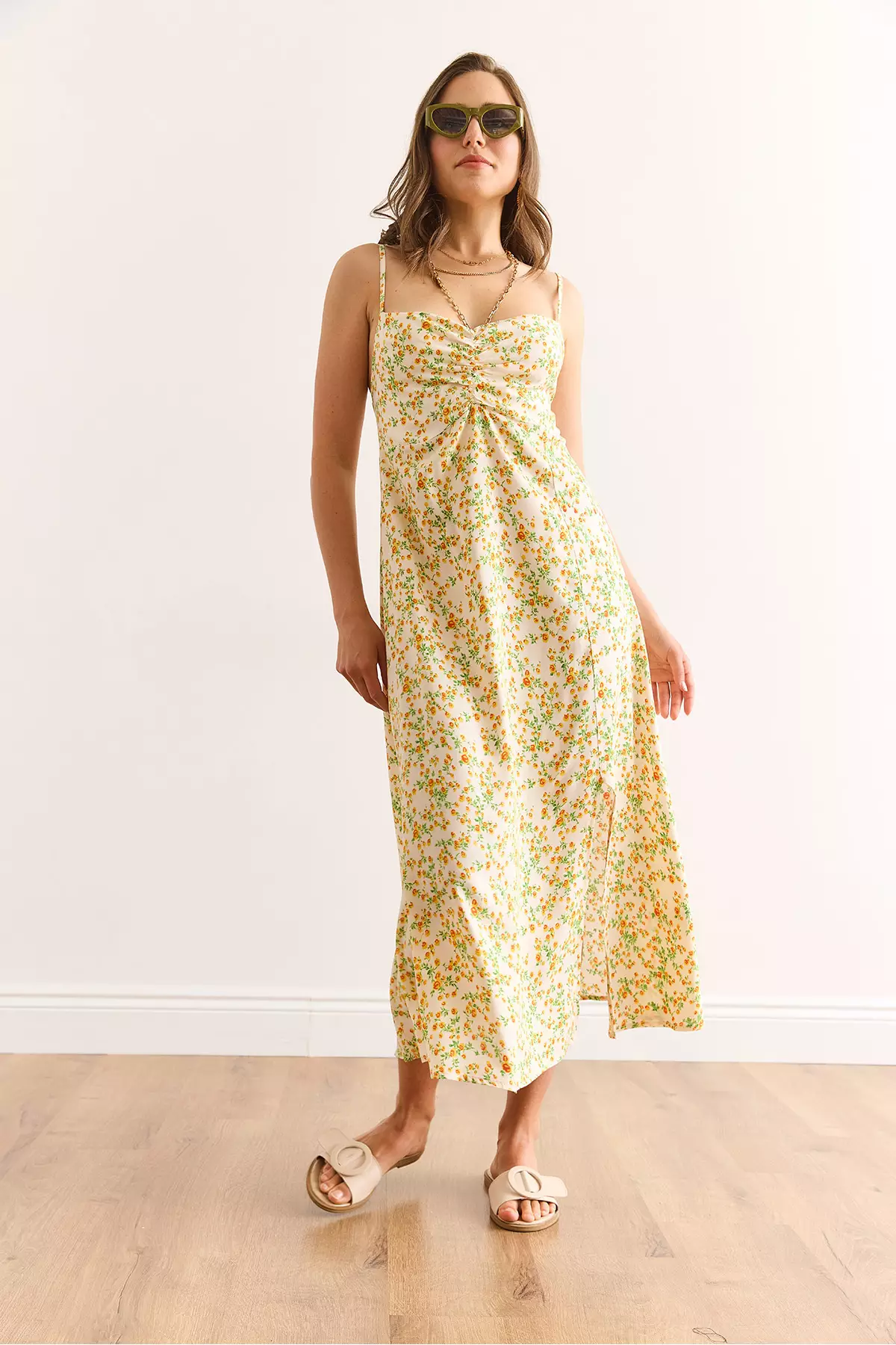 Women's Ecru Orange Strap Adjustable Front Gathered Woven Viscose Dress Elb-19002438