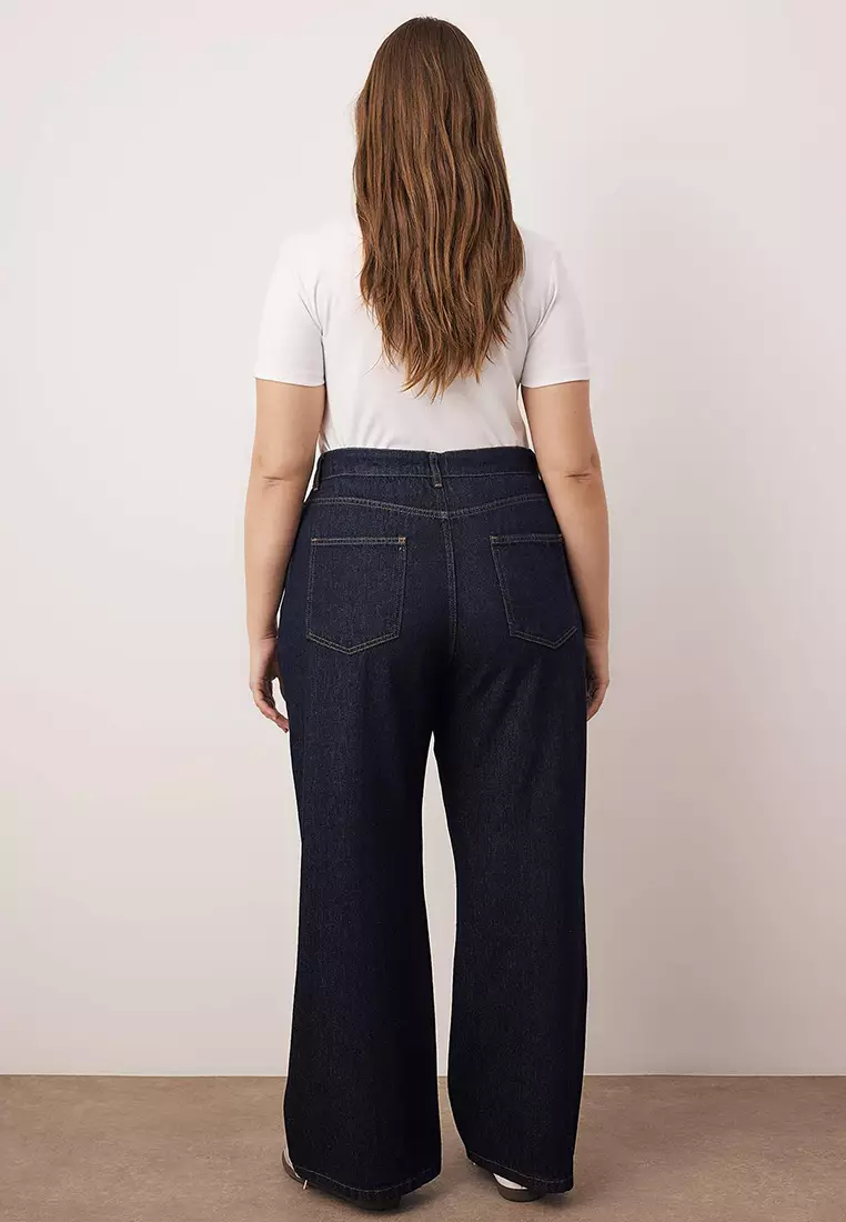 Dark Blue Stitching Detail High Waist Plus Size Wide Leg Jeans Tbbaw26Cj00054