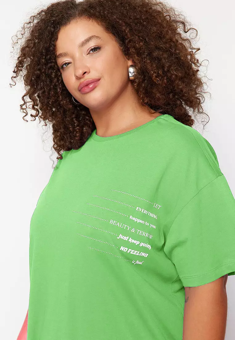 Green Bike Collar Slogan Printed 100% Cotton Knitted Plus Size T-Shirt Dress Tbbss23Ah00162