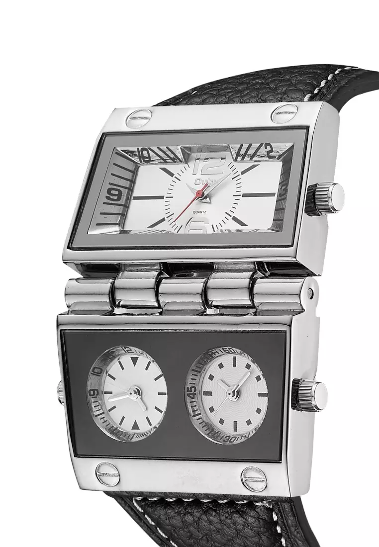 超大號男士石英手錶 - 55x55 毫米 - 精鋼錶殼，黑色錶盤，黑色皮革錶帶