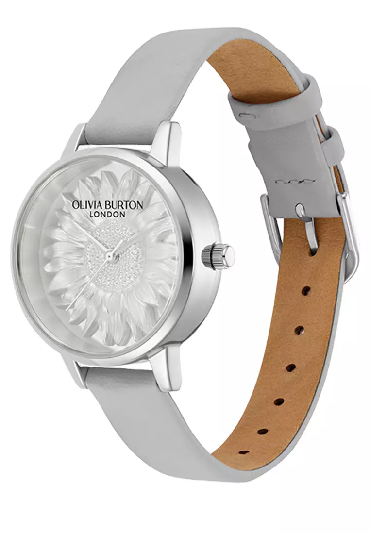 Olivia Burton 3D Flower Tonal Dial Grey Leather SS Strap 30mm - 24000223