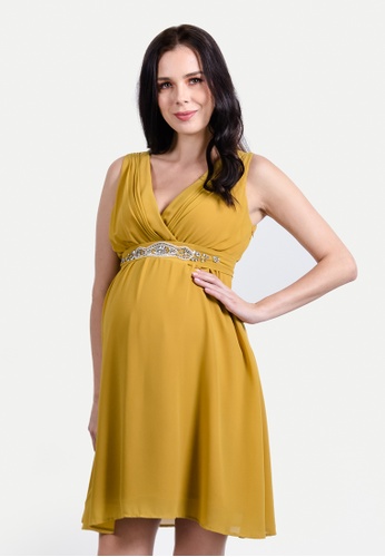 Buy 9months Maternity Mustard Embellished Chiffon Maternity Dress