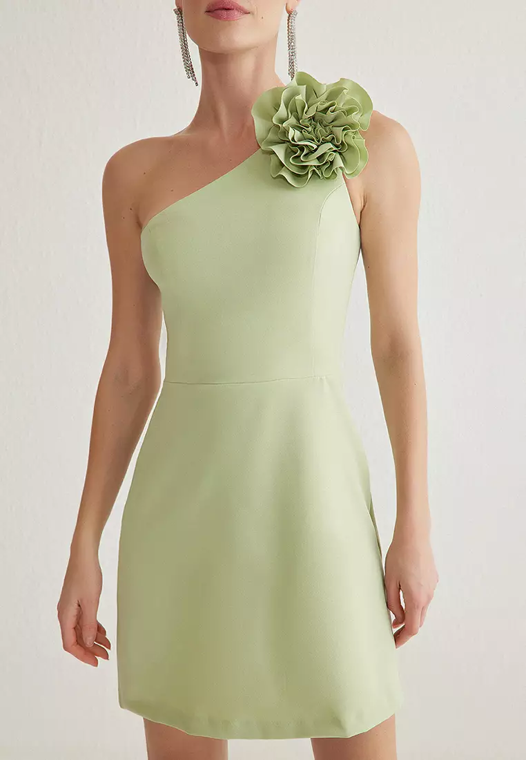 A字連身裙 綴玫瑰飾 梭織 時尚短連身裙