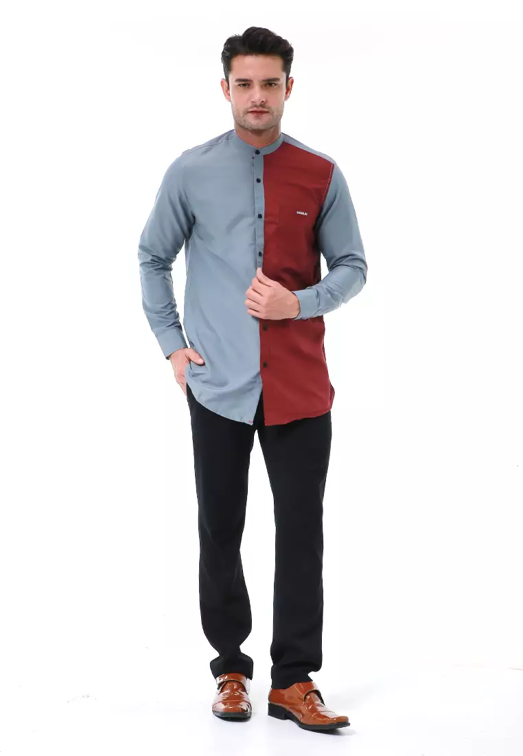 Leopold Kemeja Koko Pria Lengan Panjang Design Variasi Warna Material Cotton ORIGINAL - Gray Maroon